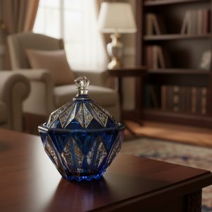 قندان شیشه‌ای مودنا ترمه به رنگ آبی کبالت تیره با طرح‌های هندسی و بته‌جقه طلایی، قرار گرفته بر روی یک پشته از سه کتاب قدیمی جلد سبز و قهوه‌ای روی یک سینی فلزی نقره‌ای بر روی میز چوبی قهوه‌ای در یک اتاق نشیمن.