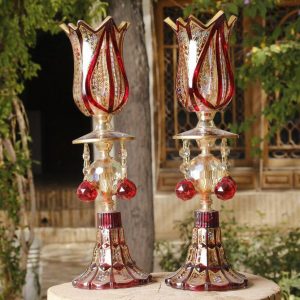شمعدان قرمز ترمه دوتایی مناسب شمع ایستاده هنرنقشستان