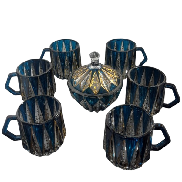 سرویس چای خوری کریستالی شش نفره با طرح‌های ظریف و رنگ آبی فیروزه‌ای