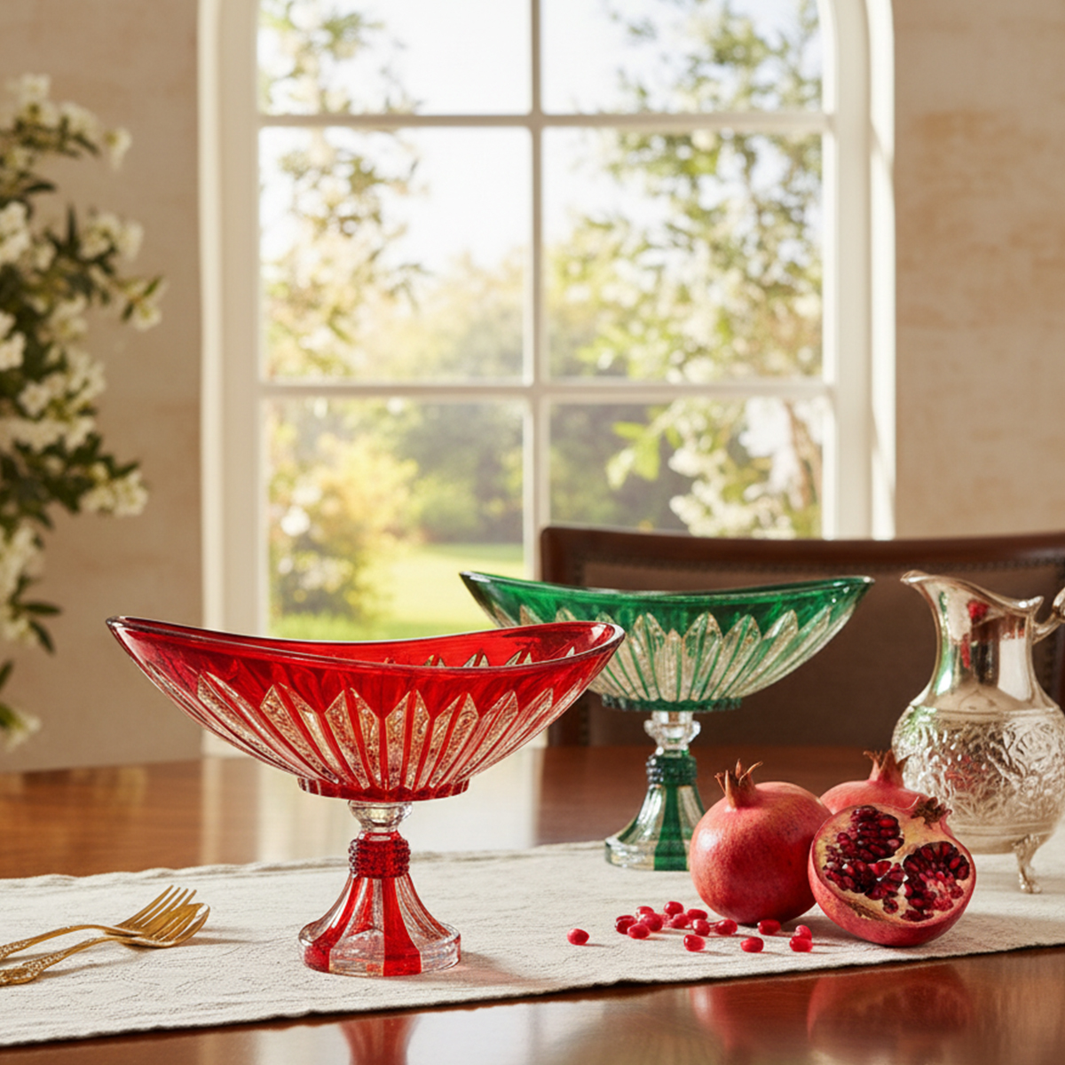 کشکول ترمه هنرنقشستان کد 20 cover کشکولهای شیشهای پایهدار با طرح نقاشی شده، یک انتخاب عالی برای پذیرایی هستند. این ظروف در دو رنگ زمردی و یاقوتی، به میز شما جلوهای درخشان و اصیل میبخشند. این ظروف زیبا برای سرو انواع میوه، آجیل یا شکلات مناسباند و به تنهایی نیز به عنوان یک اثر هنری، دکوراسیون منزل شما را تکمیل میکنند.