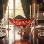 کشکول شیشه‌ای ترمه، رنگ قرمز با طرح طلایی، مناسب برای دکوراسیون میز ناهارخوری.