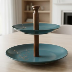 دیس شیرینی دو طبقه چینی به رنگ سبزآبی با نقش شاخه و برگ طلایی، مناسب برای سرو میوه، کیک و شیرینی.