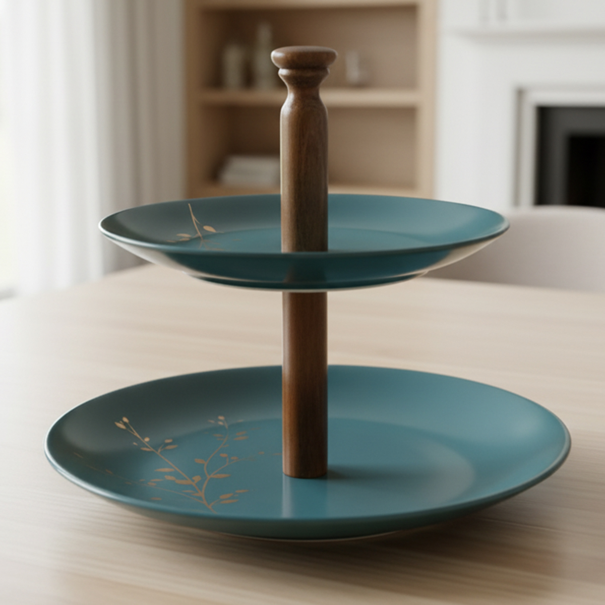 دیس شیرینی دو طبقه چینی به رنگ سبزآبی با نقش شاخه و برگ طلایی، مناسب برای سرو میوه، کیک و شیرینی.