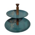 استند سرو شیرینی و میوه چینی دو طبقه با دسته چوبی