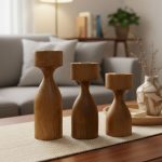 Three Wooden Candlestick Holders on a Coffee Table