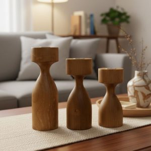 Three Wooden Candlestick Holders on a Coffee Table