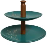 ظرف دو طبقه چینی با دسته چوبی و طراحی گل طلایی، مناسب برای سرو شیرینی و میوه