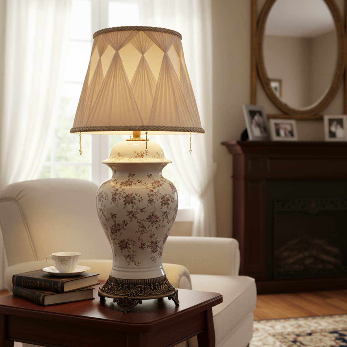 آباژور رومیزی با پایه سرامیکی سفید طرح گل‌های صورتی و بنفش، با کلاهک پارچه‌ای پلیسه‌دار کرم رنگ و آویزهای مهره‌ای.