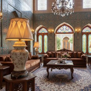 تصویری از یک آباژور کلاسیک رومیزی با پایه فلزی برنزی، بدنه سرامیکی طرح گل و کلاهک (شید) پلیسه‌ای.