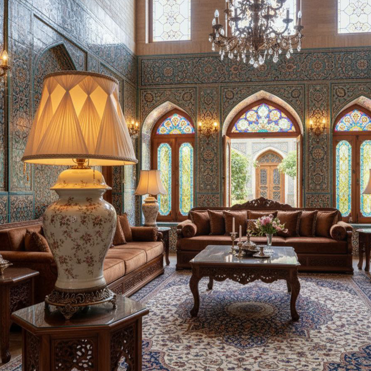 تصویری از یک آباژور کلاسیک رومیزی با پایه فلزی برنزی، بدنه سرامیکی طرح گل و کلاهک (شید) پلیسه‌ای.