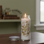 "شمع تزئینی با خطاطی فارسی طلایی در لیوان شیشه‌ای روشن، مناسب دکور منزل