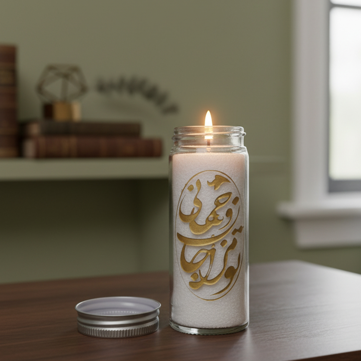 "شمع تزئینی با خطاطی فارسی طلایی در لیوان شیشه‌ای روشن، مناسب دکور منزل