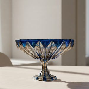 میوه خوری پایه دار بلور مودنا ترمه هنرنقشستان با نقاشی دست آبی و طلایی