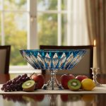 کشکول کریستال مدل مودنا با طرح ترمه به رنگ آبی فیروزه‌ای روی پایه، قرار گرفته در یک دکوراسیون شیک داخلی.