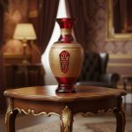 گلدان شیشه‌ای سنتی قرمز با نقوش اسلیمی طلایی