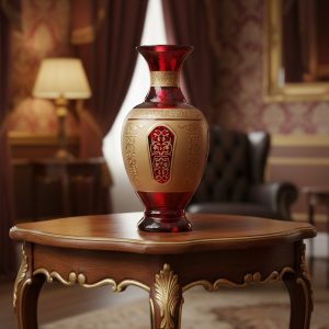 گلدان شیشه‌ای سنتی قرمز با نقوش اسلیمی طلایی